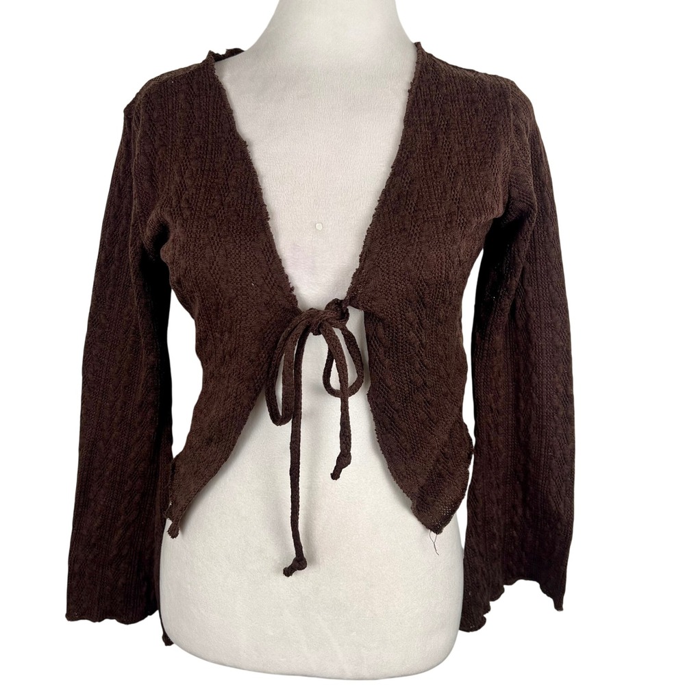 Brown Tie Front Y2K Flare Sleeve Top Medium Earthy Boho Layering Coquette